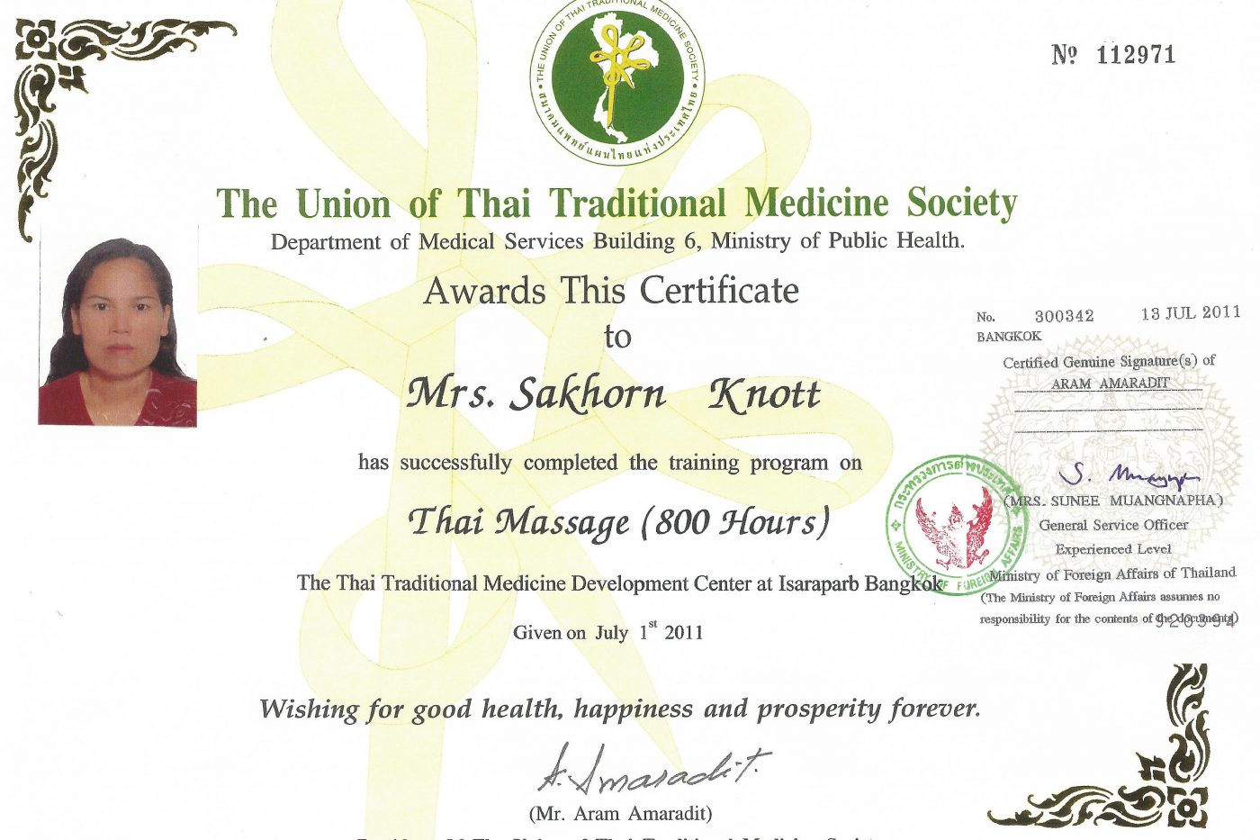 Zeugnis für Sakhorn Knott: Thai Massage (800 Stunden)