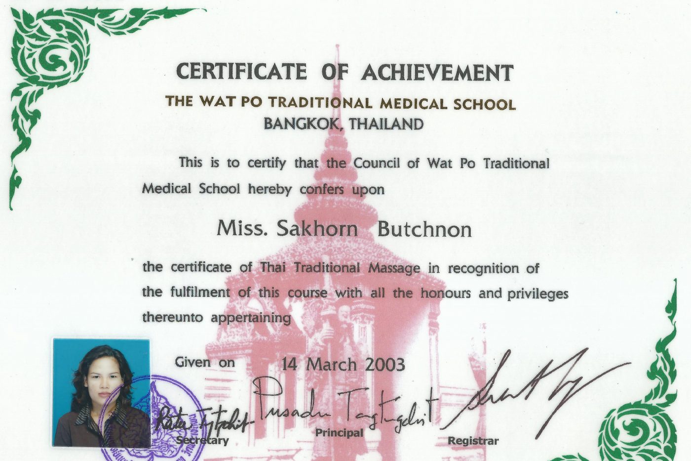 Zertifikat für Sakhorn Knott: Thai Traditional Massage