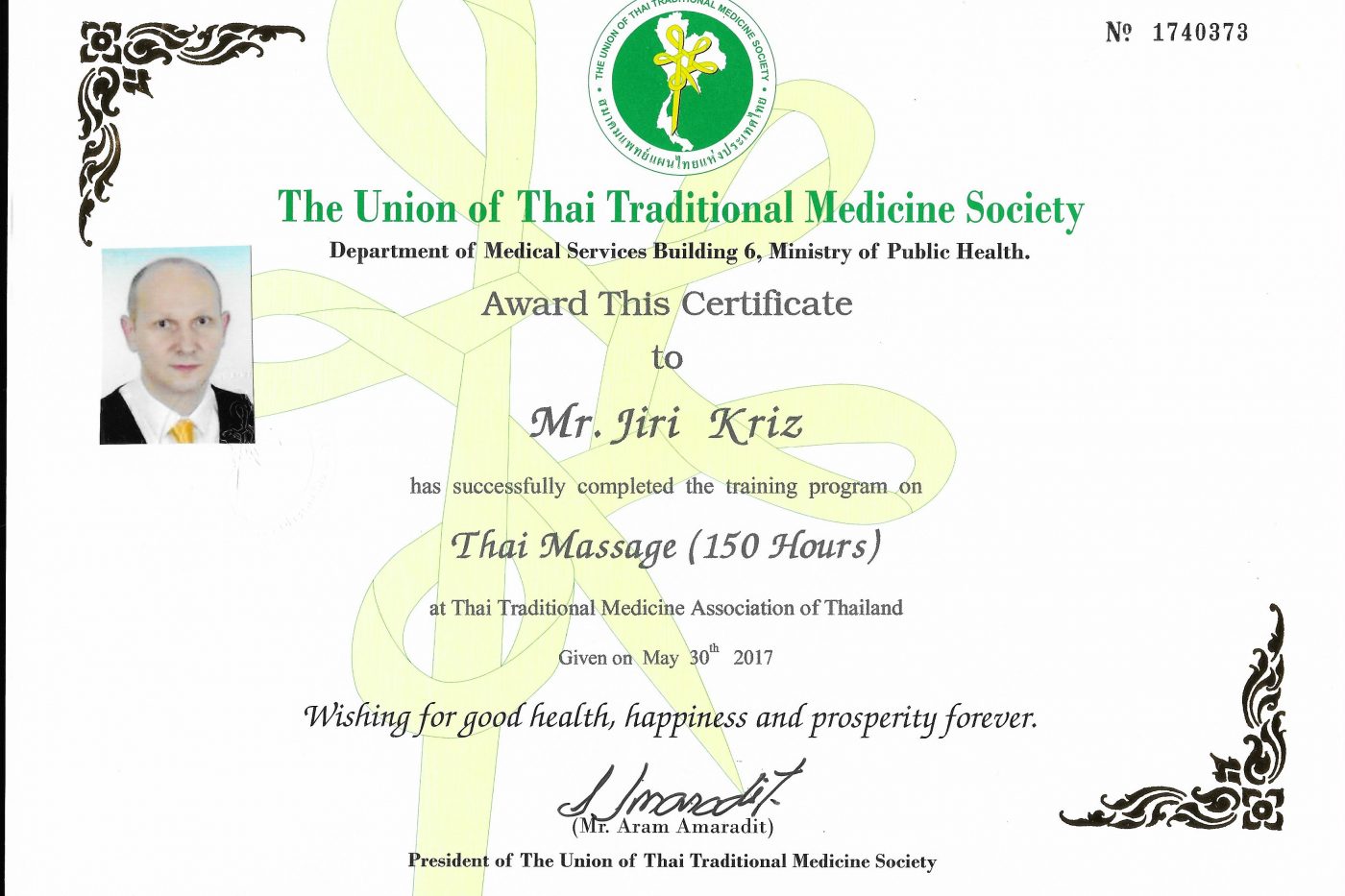 Zeugnis für Jiri: Thai Massage (150 Stunden)